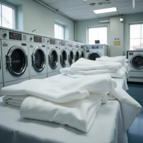 a commercial laundry room with tablecloths folded and clean
